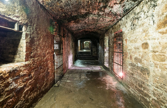 Dimly lit ancient stone corridor with wet floor and iron-barred doorways in historic dungeon