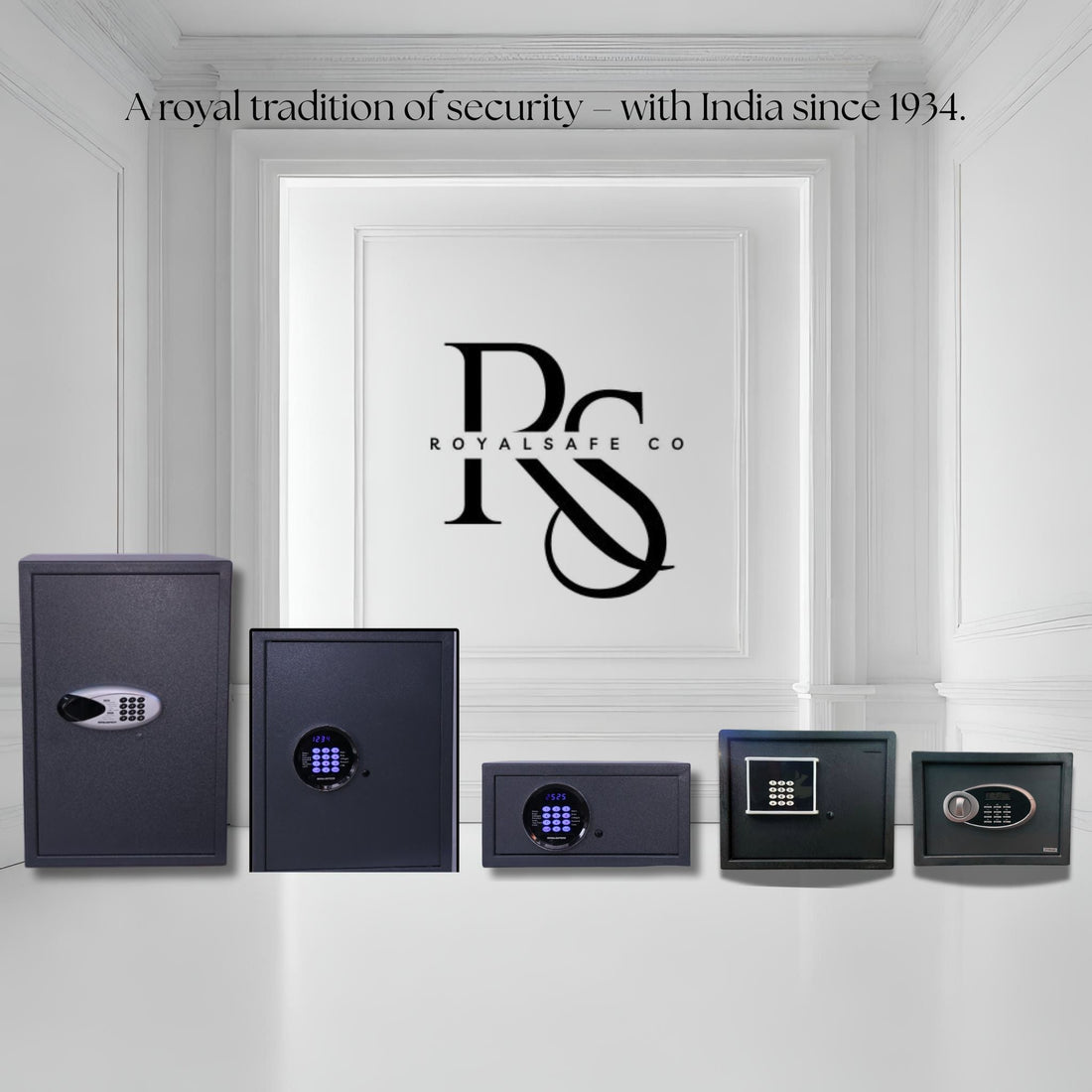 Five digital electronic safes displayed in a white room with Royal Safe Co logo and text about security tradition since 1934