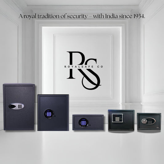 Five black digital security safes displayed in a white room with RoyalSafe Co logo and text 'A royal tradition of security with India since 1934'