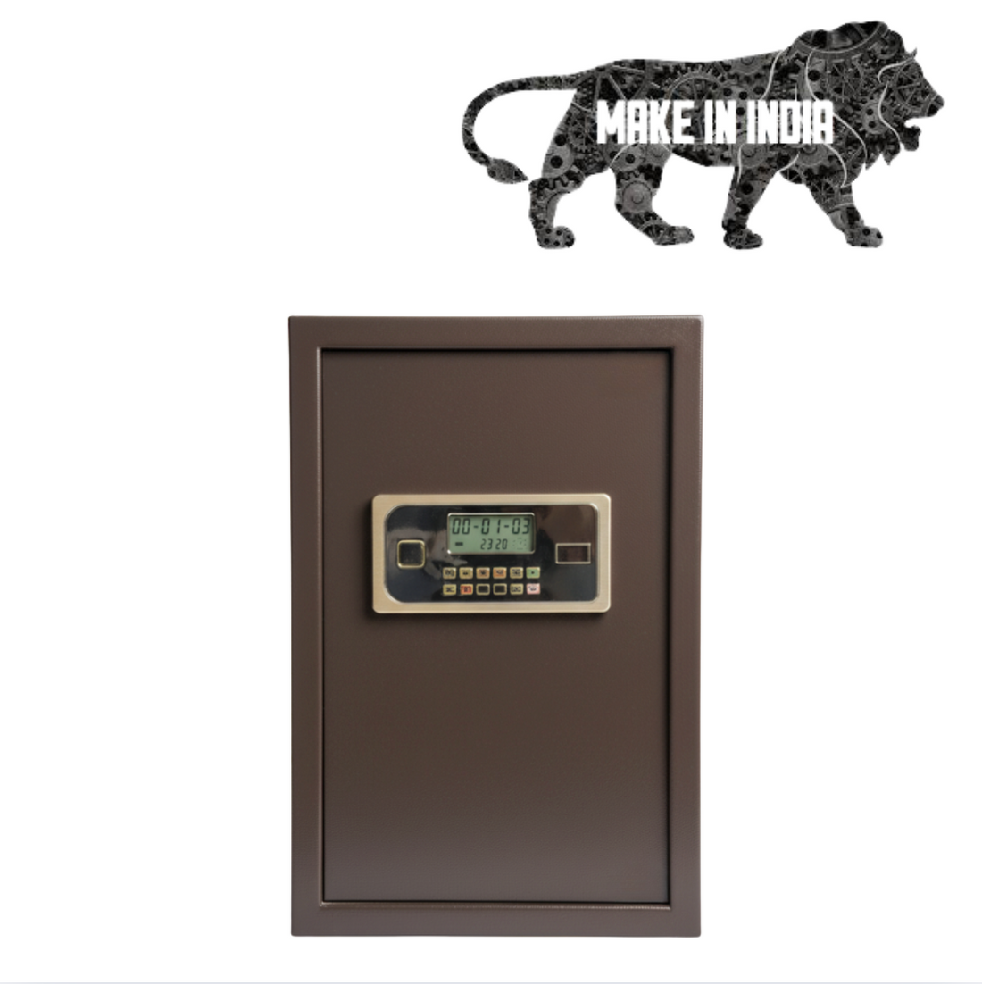 Brown home cash locker with digital keypad and screen, featuring Make in India logo