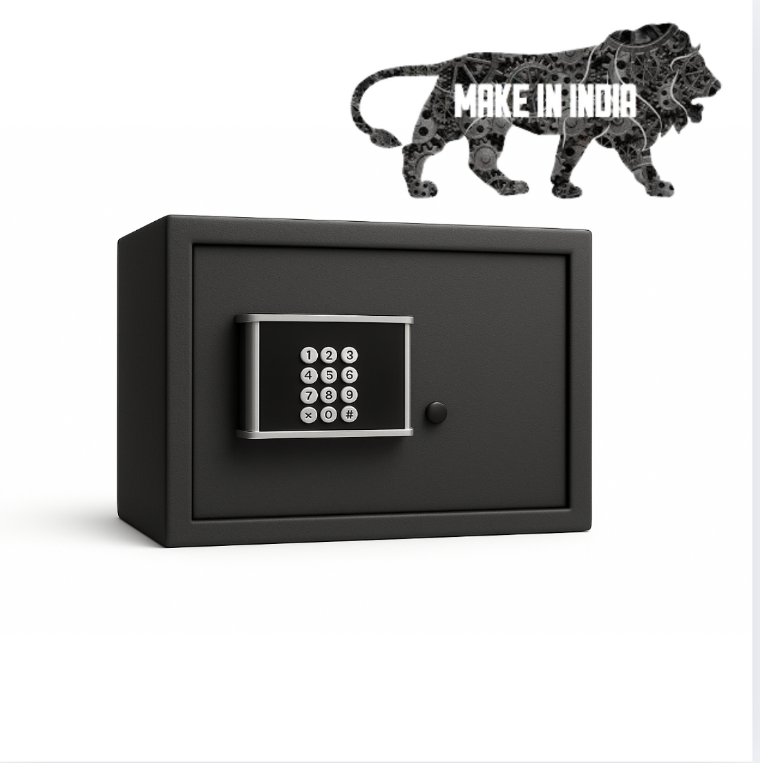 Large black digital safe with keypad lock and Make in India lion logo in background