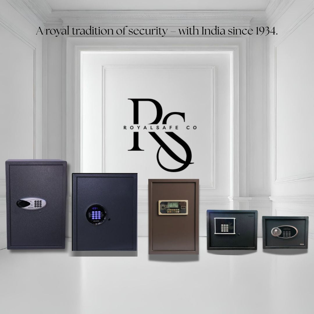 Five different digital safes of varying sizes displayed in a white room with Royalsafe Co logo and slogan about security since 1934