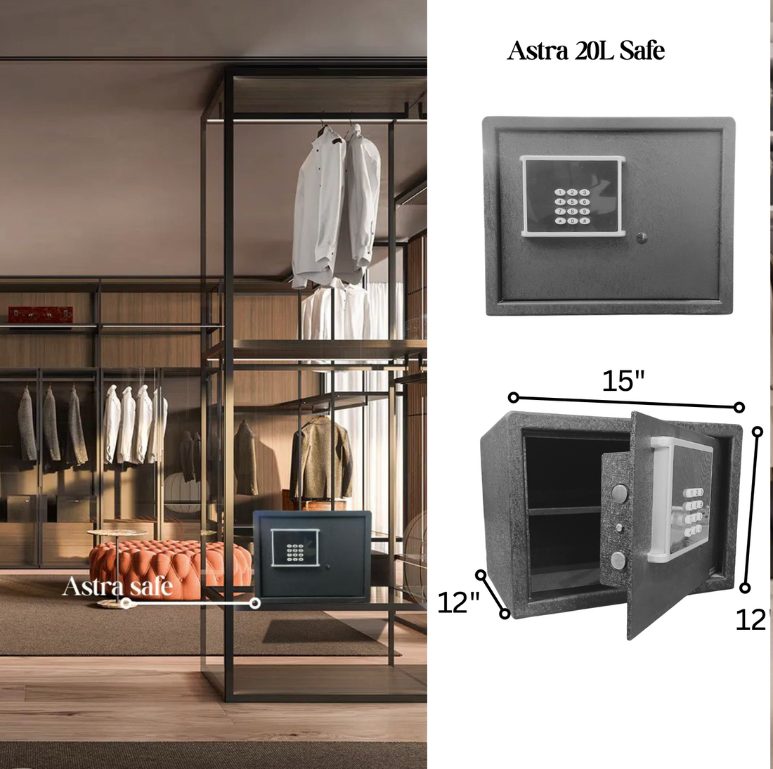 Astra 20L electronic safe in modern walk-in closet with hanging clothes, dimensions 15x12x12 inches