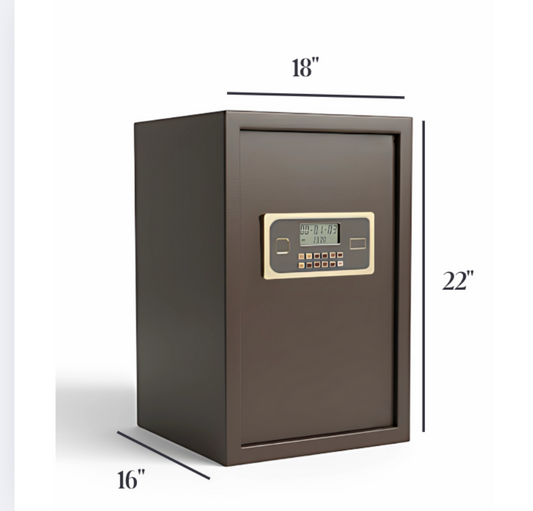 Brown electronic safe with digital keypad and dimensions 18x22x16 inches on white background