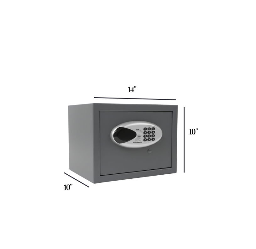Grey electronic safe box with keypad lock and dimensions 14x10x10 inches on white background