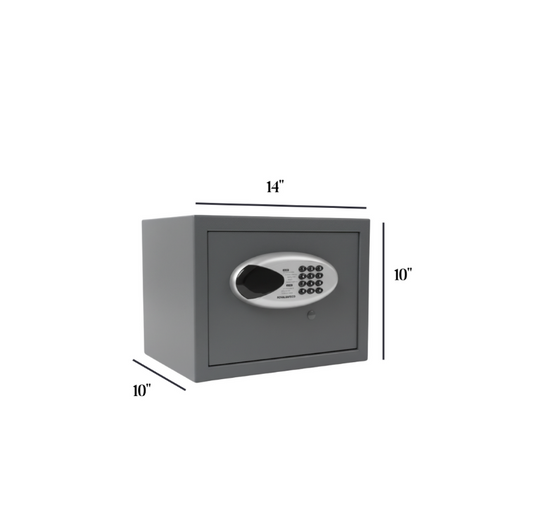Grey electronic safe box with keypad lock and dimensions 14x10x10 inches on white background