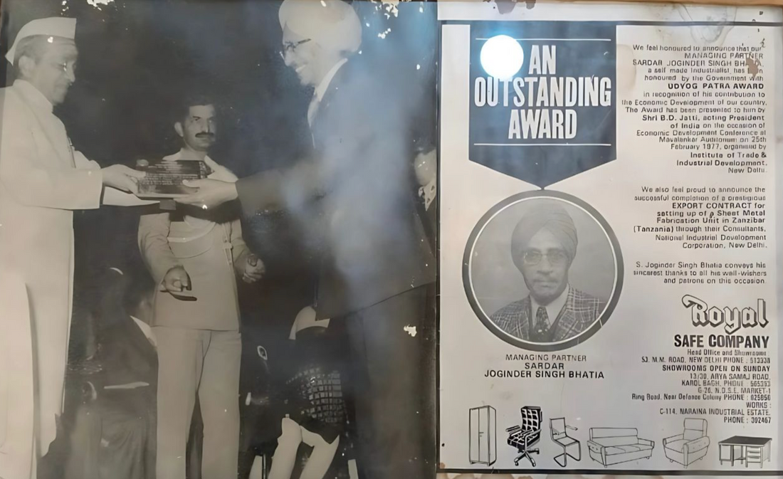 Black and white photo showing award presentation to Sardar Joginder Singh Bhatia, alongside Royal Safe Company advertisement