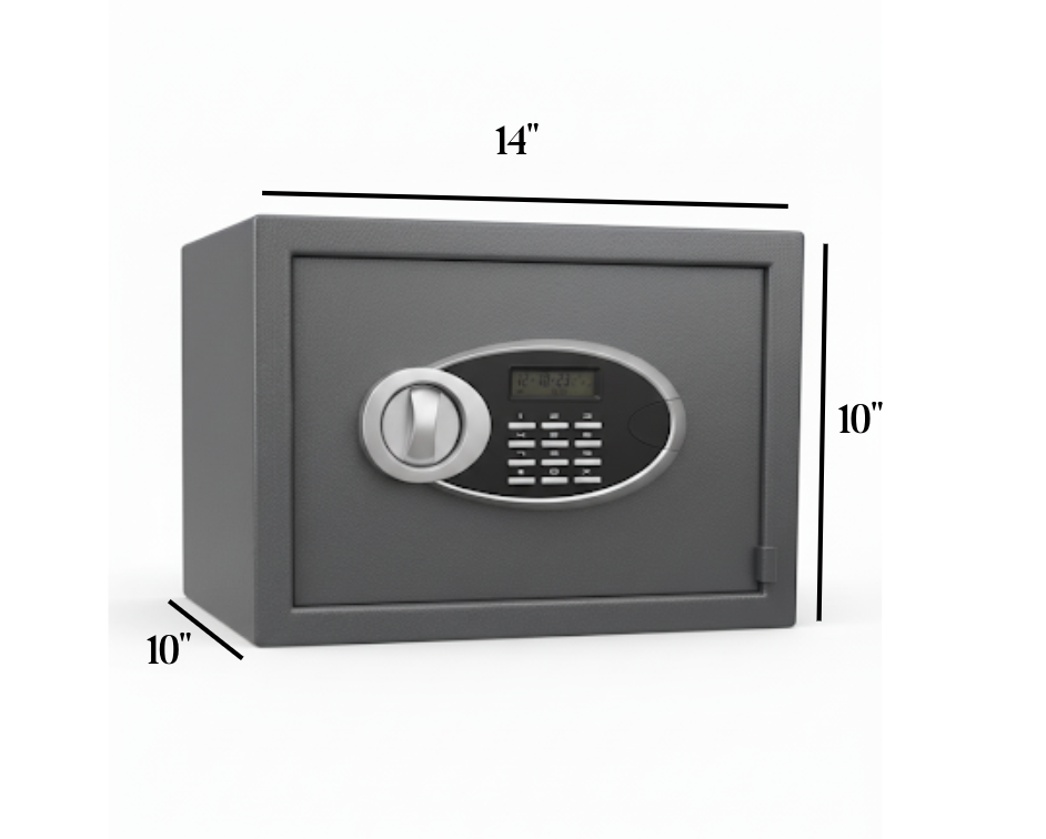 Gray electronic safe with keypad and handle showing dimensions 14x10x10 inches