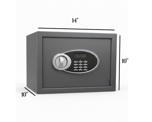 Gray electronic safe with keypad and handle showing dimensions 14x10x10 inches