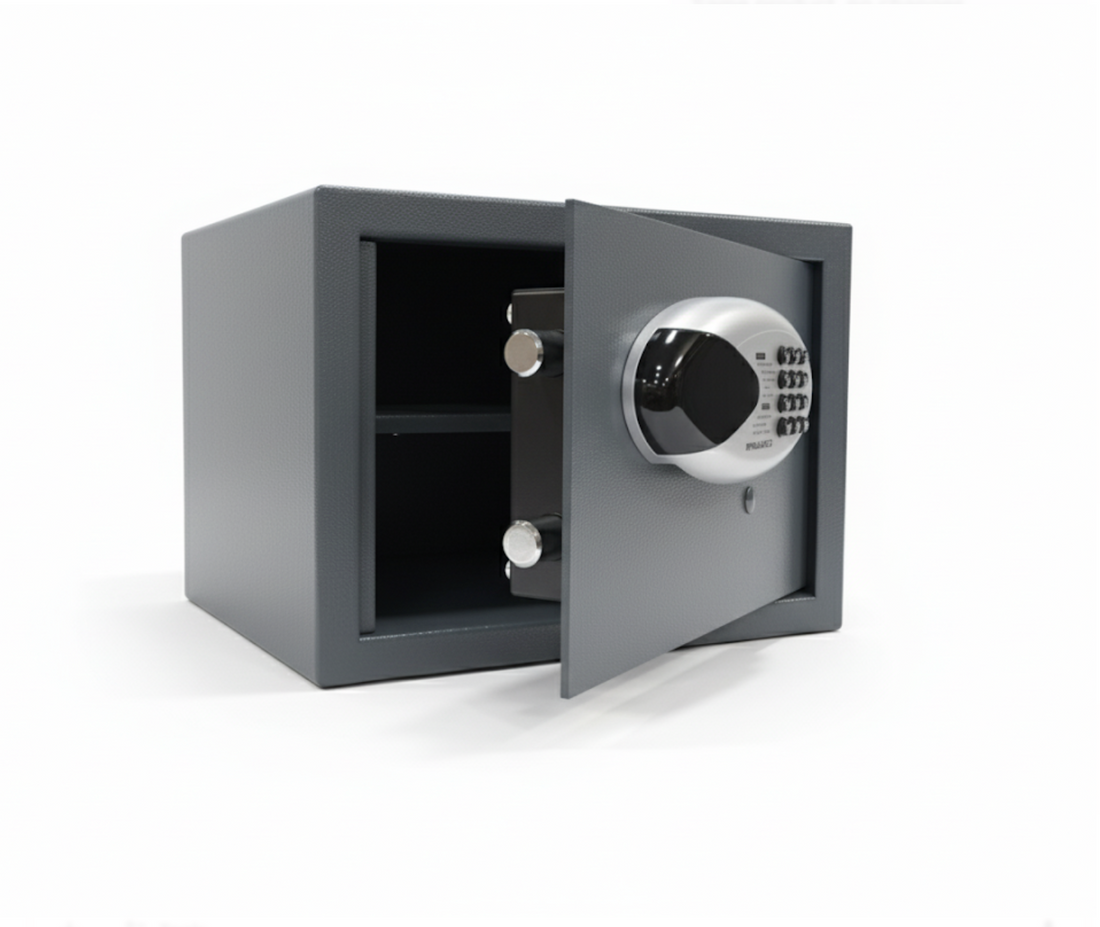 Open gray steel safe with electronic keypad lock and empty interior shelf