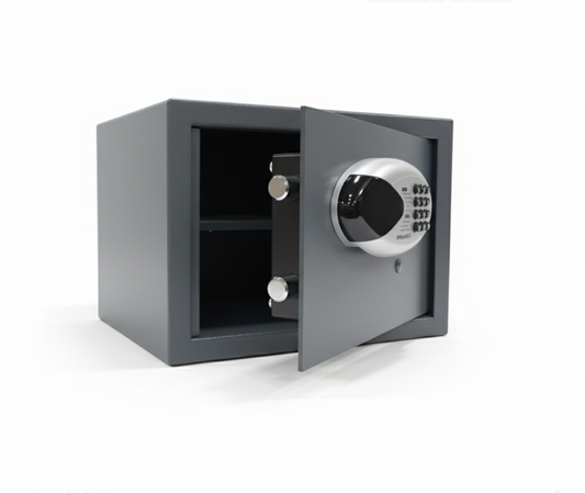 Open gray steel safe with electronic keypad lock and empty interior shelf