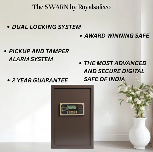 Royal Safeco SWARN digital safe with dual locking and tamper alarm, featured in modern room with white wall and vase