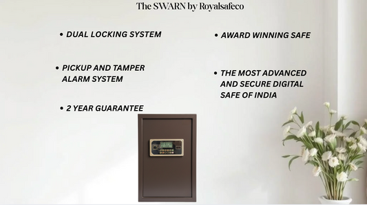 The SWARN digital safe by Royalsafeco with dual locking, tamper alarm, 2-year guarantee, and award-winning security