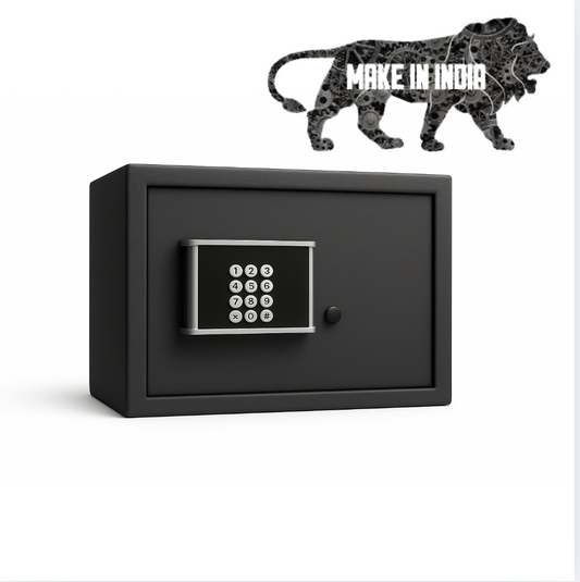 Black electronic keypad safe with Make in India mechanical lion logo on white background