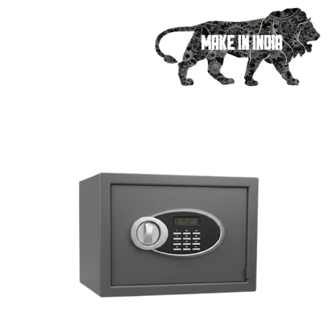 Gray electronic safe box with digital keypad and handle on white background, Make in India logo