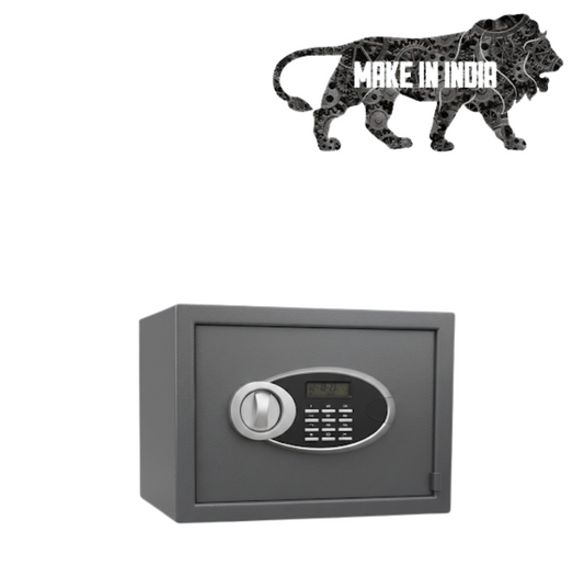 Gray electronic safe box with digital keypad and handle on white background, Make in India logo