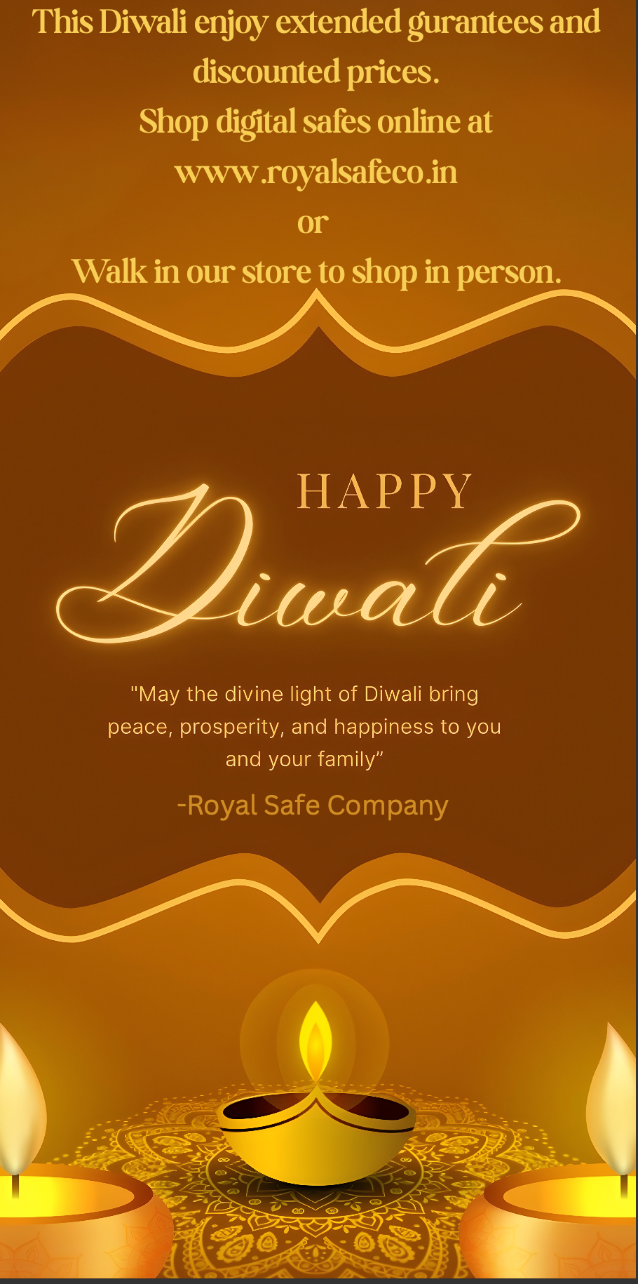 Diwali greeting card featuring glowing candles, warm golden hues, and a message from Royal Safe Company with a website link