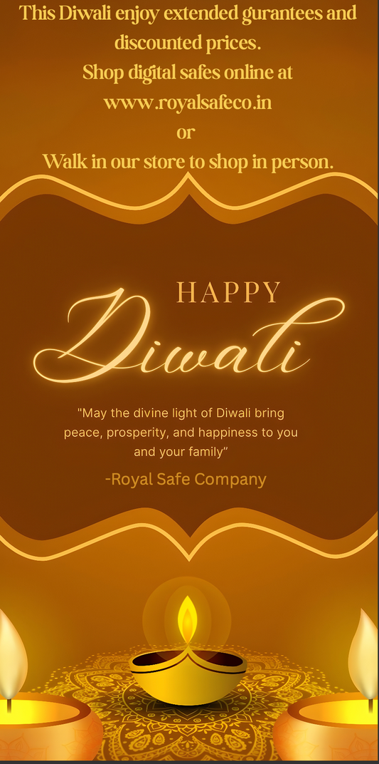 Diwali greeting card featuring glowing candles, warm golden hues, and a message from Royal Safe Company with a website link