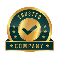 Gold and dark teal trusted company badge with checkmark and stars emblem