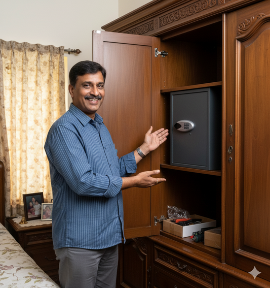Man in blue shirt smiling and showing digital safe inside wooden cabinet in cozy room