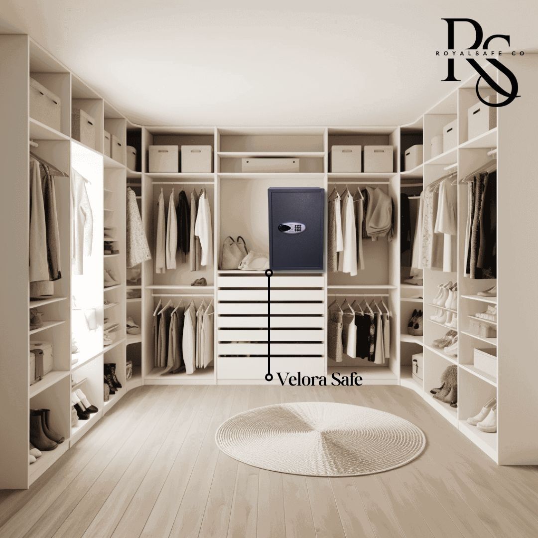 Modern walk-in closet with white shelves, hanging clothes, shoes, and Velora Safe digital security safe