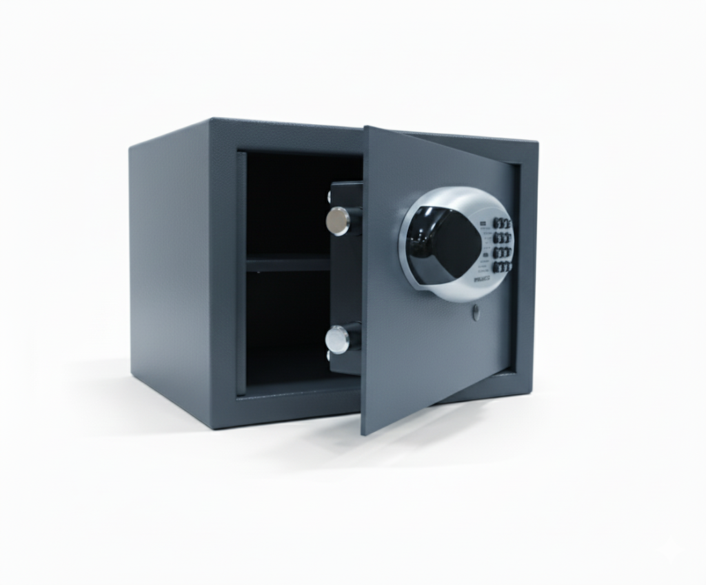 Open grey electronic safe with digital keypad and empty interior on white background