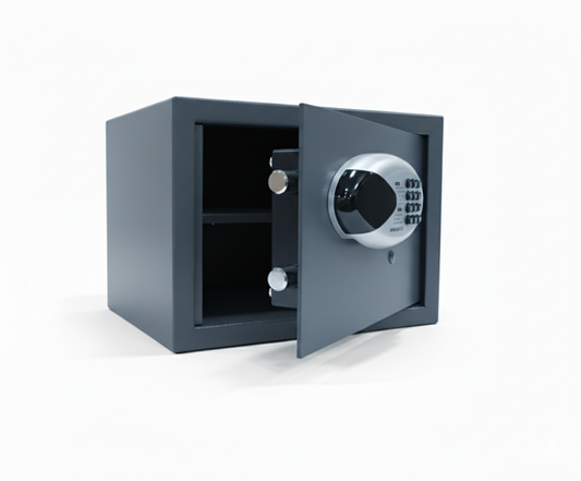 Open grey electronic safe with digital keypad and empty interior on white background