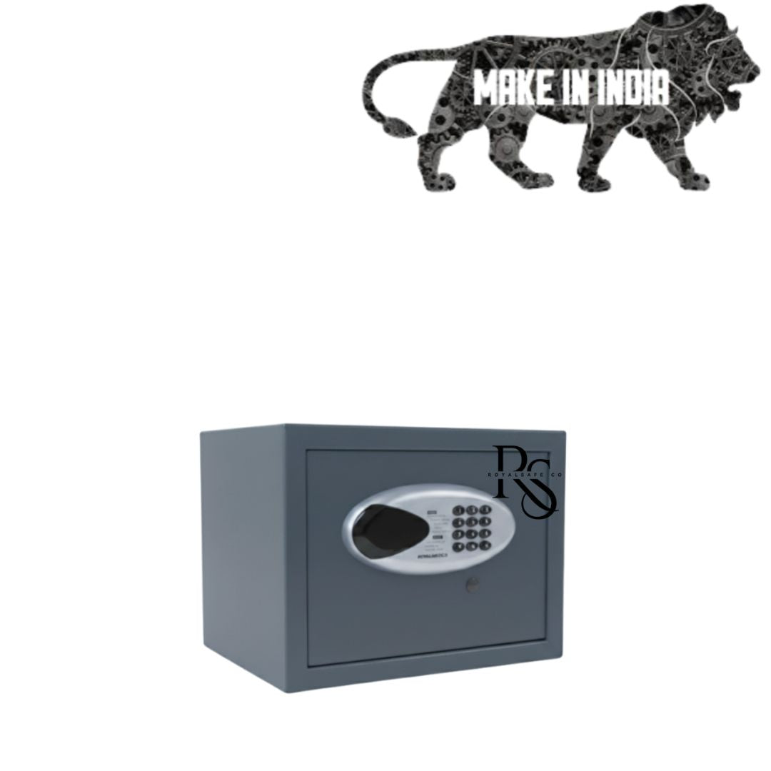 Gray digital home safe with keypad lock, featured below Make in India lion logo
