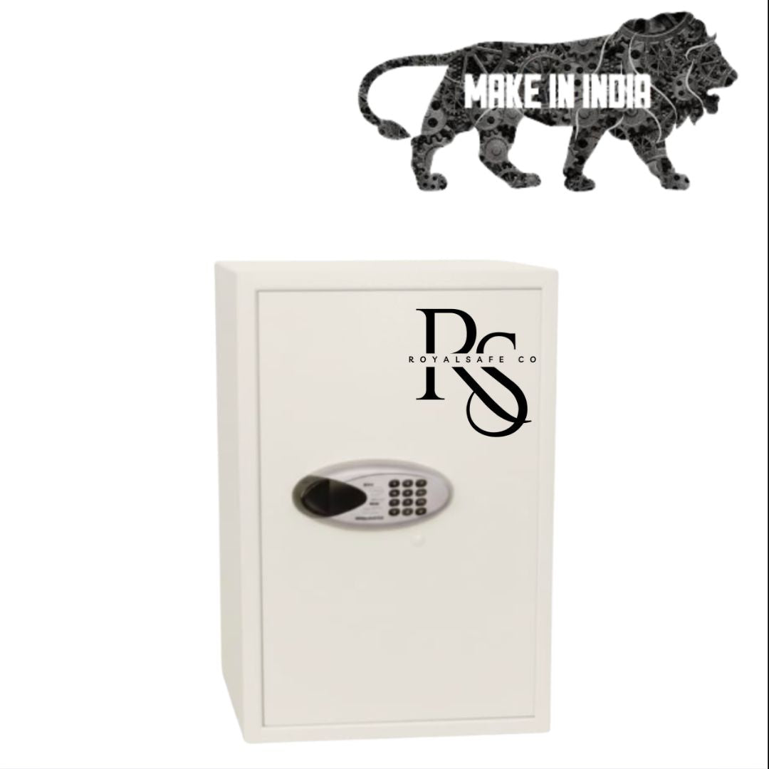 White digital home safe by Royalsafe Co with keypad lock and Make in India lion logo